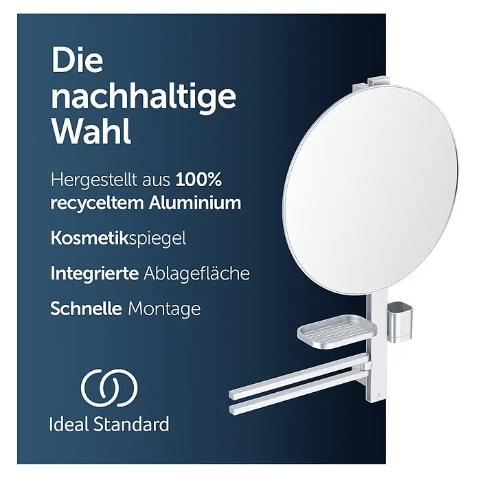 Ideal Standard Alu+ Ablagespiegel - B x H: 640 x 817 mm, Silber - Runder Kosmetikspiegel aus 100% recyceltem Aluminium mit integrierter Ablagefläche für schnelle Montage.