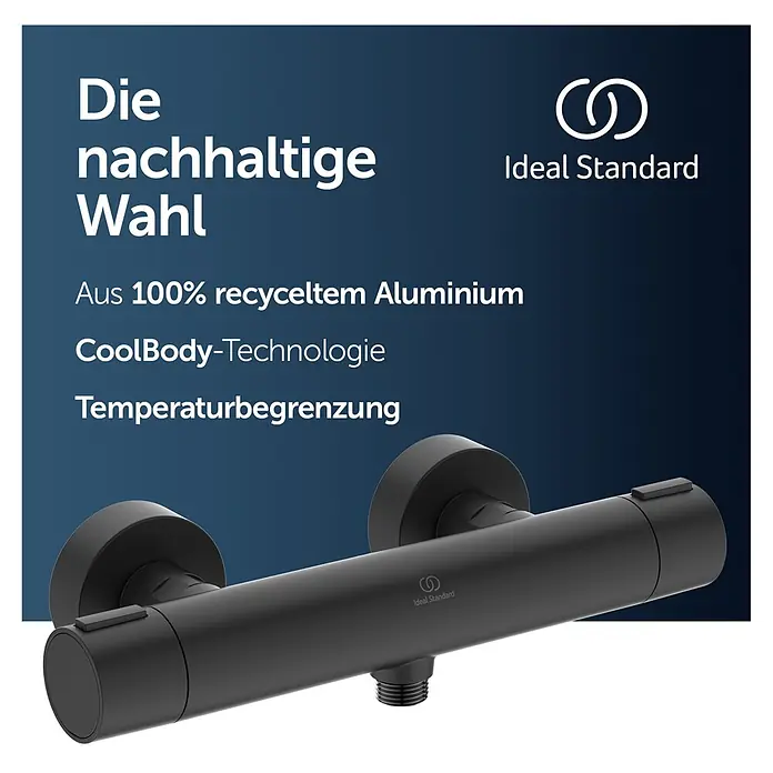 Ideal Standard Alu+ Thermostatarmatur Ceratherm - Breite: 292 mm, Schwarz - Schwarzer Ideal Standard Duschthermostat aus 100% recyceltem Aluminium, mit CoolBody-Technologie und Temperaturbegrenzung.