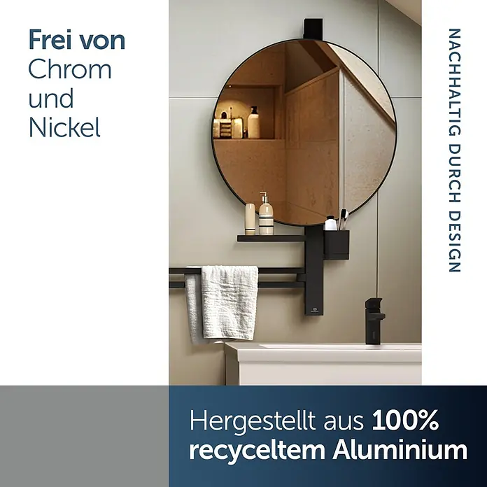 Ideal Standard Alu+ Ablagespiegel - B x H: 640 x 817 mm, Schwarz - Schwarzer runder Badspiegel aus recyceltem Aluminium mit integrierter Ablage und Handtuchhalter über einem Waschbecken.