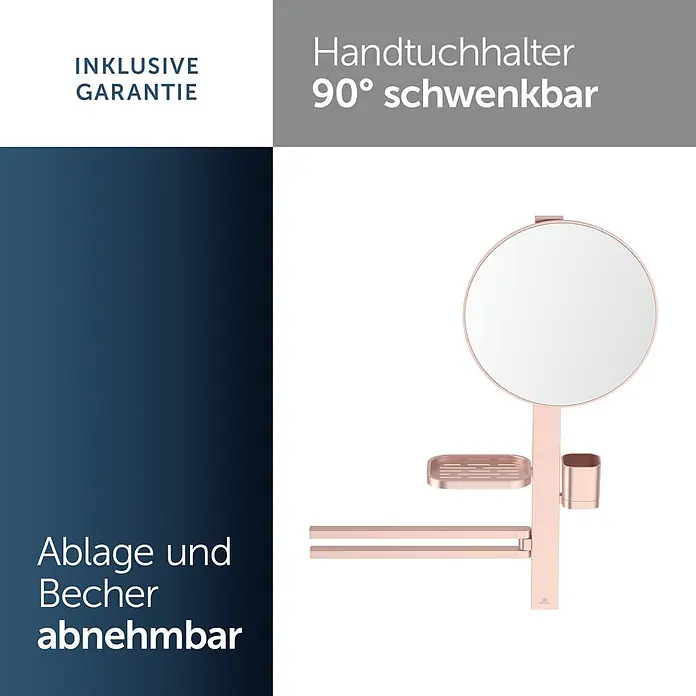 Ideal Standard Kosmetikspiegel Beauty Bar - 58 x 71,7 cm, Durchmesser: 32 cm, Rund, Rosa - Roségoldener Badezimmer-Organizer mit rundem Spiegel, abnehmbarer Ablage, Becher und 90° schwenkbarem Handtuchhalter.