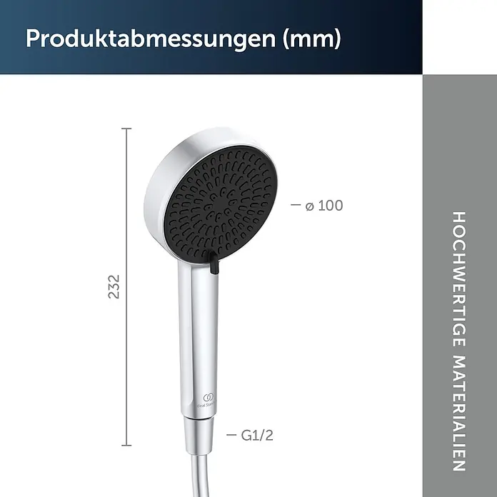 Ideal Standard Alu+ Handbrause Ideal Rain - Durchmesser: 10 cm, Silber - Verchromte Handbrause mit schwarzer Strahlscheibe, Abmessungen (232mm Länge, 100mm Durchmesser, G1/2 Anschluss) angezeigt.