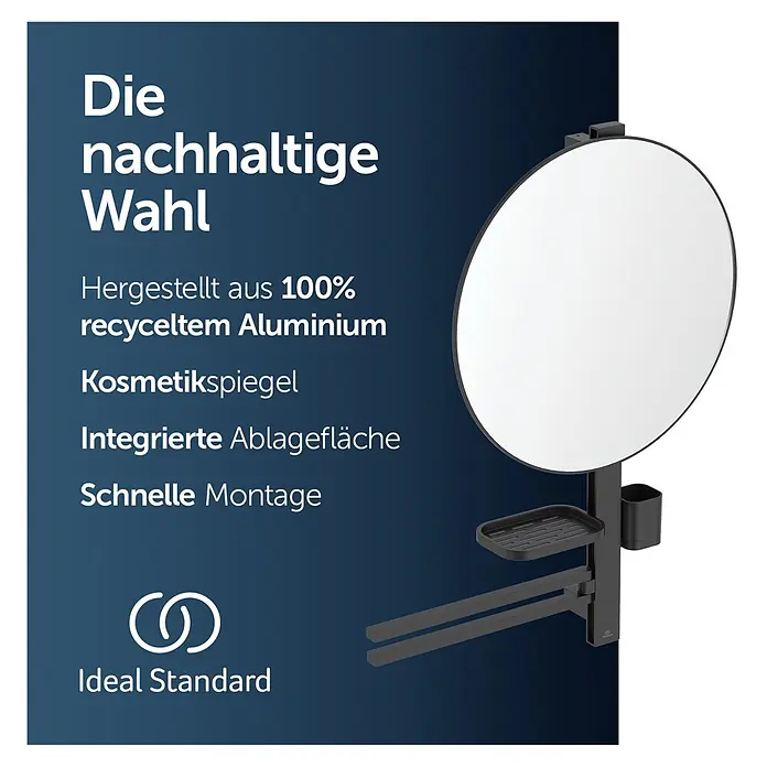 Ideal Standard Alu+ Ablagespiegel - B x H: 640 x 817 mm, Schwarz - Schwarzer Kosmetikspiegel aus recyceltem Aluminium mit integrierter Ablagefläche und Becher.