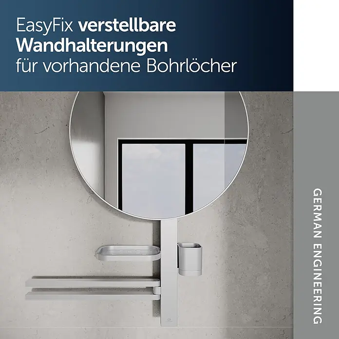 Ideal Standard Alu+ Ablagespiegel - B x H: 640 x 817 mm, Silber - Weiße EasyFix verstellbare Wandhalterungen mit Seifenschale, Handtuchhaltern und Becher, für vorhandene Bohrlöcher.