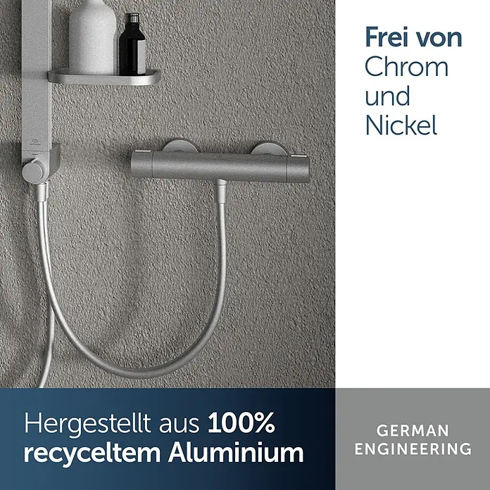 Ideal Standard Alu+ Thermostatarmatur Ceratherm - Breite: 292 mm, Silber - Silbernes Duschsystem aus 100% recyceltem Aluminium, chrom- und nickelfrei.