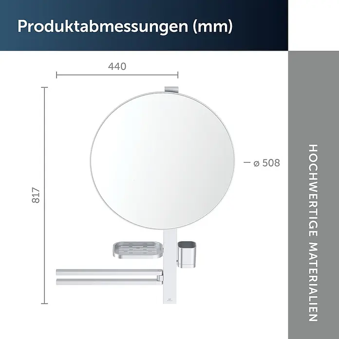 Ideal Standard Alu+ Ablagespiegel - B x H: 640 x 817 mm, Silber - Silberfarbener wandmontierter runder Badspiegel mit integrierter Seifenschale, Becherhalter und Handtuchstangen.