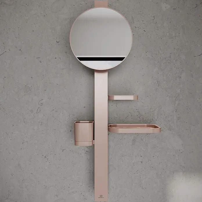 Ideal Standard Kosmetikspiegel Beauty Bar - 31 x 71,7 cm, Durchmesser: 20,5 cm, Rund, Rosa - Roségoldene Badezimmereinheit mit rundem Spiegel, Zahnbürstenhalter und zwei Ablagen an vertikaler Stange.