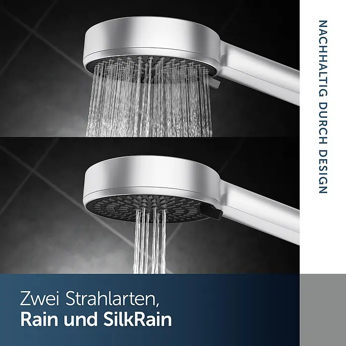 Ideal Standard Alu+ Handbrause Ideal Rain - Durchmesser: 10 cm, Silber - Silberner Duschkopf zeigt zwei Strahlarten: breiter Regenstrahl und konzentrierter SilkRain Strahl.