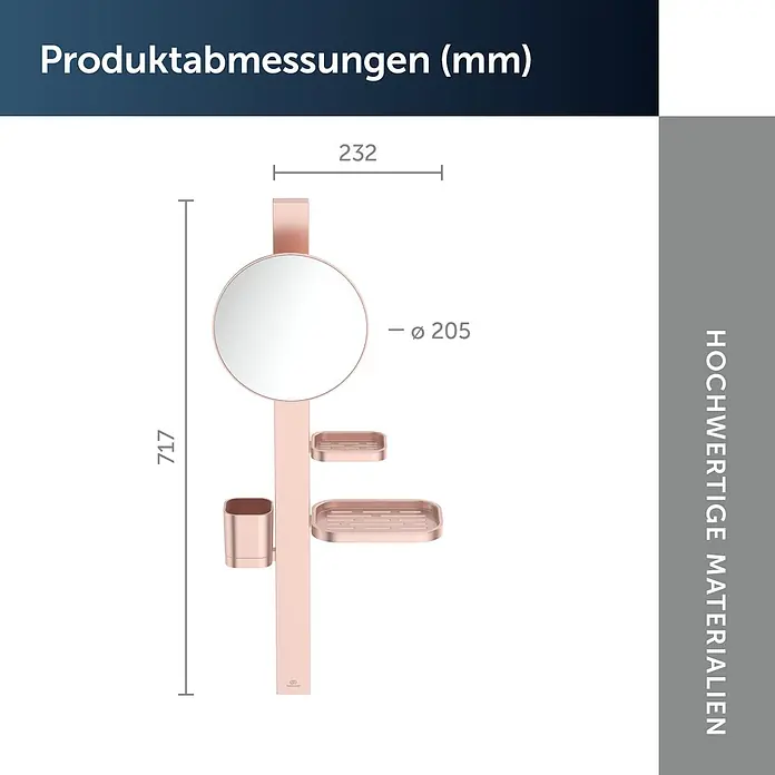Ideal Standard Kosmetikspiegel Beauty Bar - 31 x 71,7 cm, Durchmesser: 20,5 cm, Rund, Rosa - Roségoldene Duschablage mit rundem Spiegel, zwei Seifenschalen und einem Becherhalter.