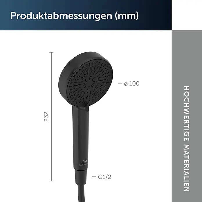 Ideal Standard Alu+ Handbrause Ideal Rain - Durchmesser: 10 cm, Schwarz - Schwarze Ideal Standard Handbrause, 232 mm lang, mit 100 mm Durchmesser und G1/2-Anschluss.