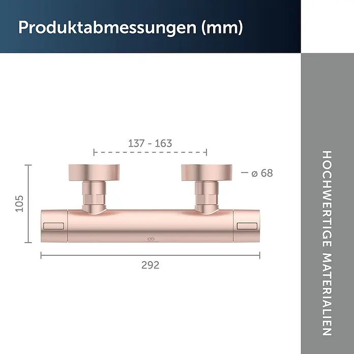 Ideal Standard Alu+ Thermostatarmatur Ceratherm - Breite: 292 mm, Rosé - Roségoldener Duschthermostat mit Maßen.