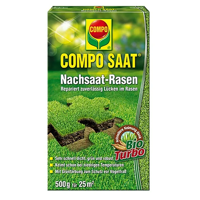 Compo Saat Nachsaat-Rasen Saat - 500 g, 25 m² - COMPO Saat Nachsaat-Rasen: Repariert zuverlässig Lücken im Rasen, keimt schnell, auch bei niedrigen Temperaturen, mit Schutz vor Vogelfraß.