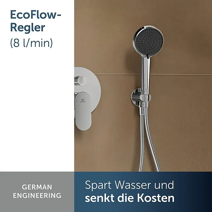 Ideal Standard Alu+ Handbrause Ideal Rain - Durchmesser: 10 cm, Chrom - Verchromte Duscharmatur und Handbrause an einer Fliesenwand, mit EcoFlow-Regler für 8 l/min Wassereinsparung.