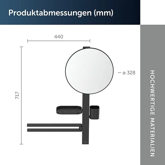 Ideal Standard Kosmetikspiegel Beauty Bar - 58 x 71,7 cm, Durchmesser: 32 cm, Rund, Schwarz - Schwarzes Badaccessoire mit rundem Spiegel, zwei Handtuchstangen, einer Seifenschale und einem Becherhalter.