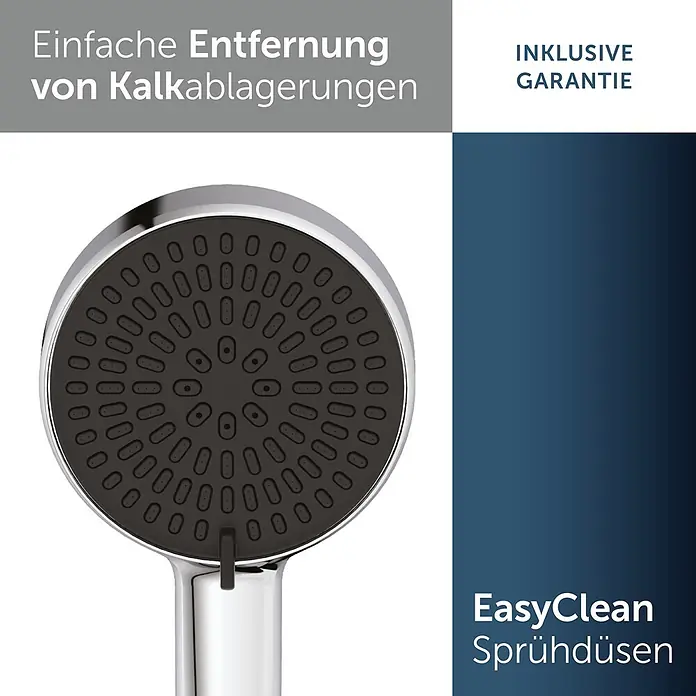 Ideal Standard Alu+ Handbrause Ideal Rain - Durchmesser: 10 cm, Chrom - Nahaufnahme einer Chrom-Handbrause mit schwarzen EasyClean-Sprühdüsen für einfache Kalkentfernung.