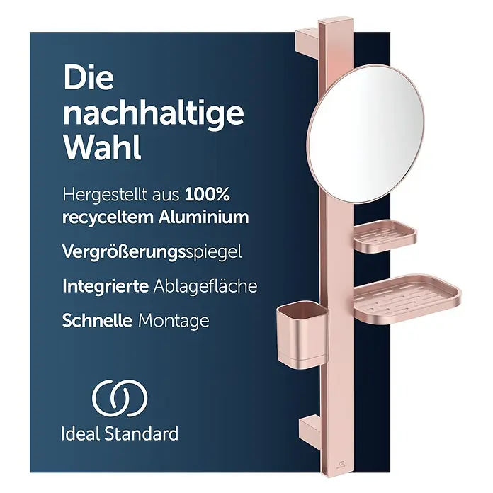 Ideal Standard Kosmetikspiegel Beauty Bar - 31 x 71,7 cm, Durchmesser: 20,5 cm, Rund, Rosa - Roségoldener Duschorganizer aus recyceltem Aluminium mit Spiegel, Ablagen und Becherhalter.