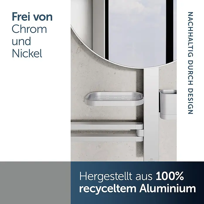 Ideal Standard Alu+ Ablagespiegel - B x H: 640 x 817 mm, Silber - Silberner Bad-Organizer mit Seifenschale und Becherhalter, aus 100% recyceltem Aluminium, chrom- und nickelfrei.