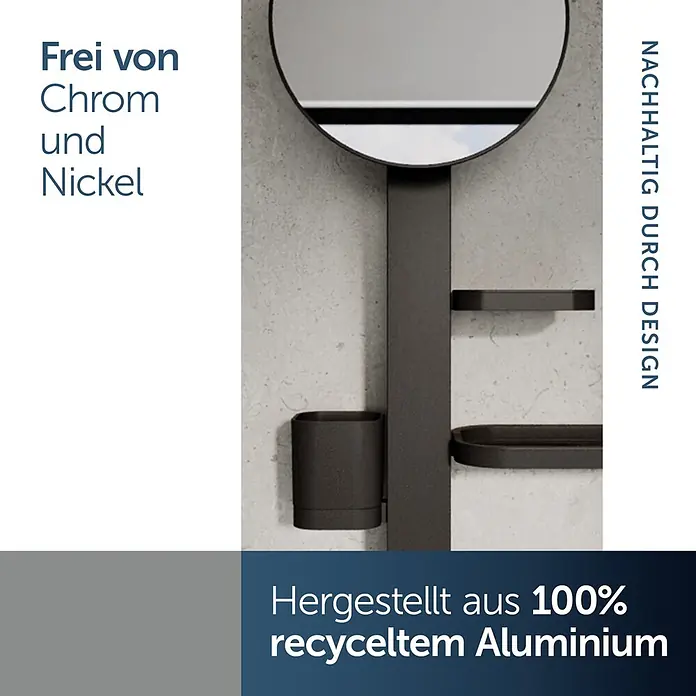 Ideal Standard Kosmetikspiegel Beauty Bar - 31 x 71,7 cm, Durchmesser: 20,5 cm, Rund, Schwarz - Dunkelgraues Duschsystem mit Spiegel und Ablage. Chrom- und nickelfrei, aus 100% recyceltem Aluminium.