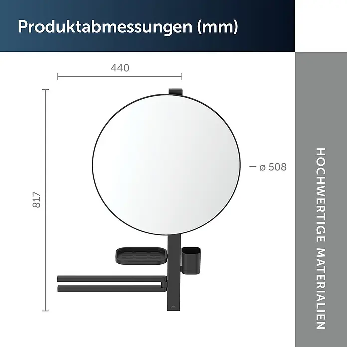 Ideal Standard Alu+ Ablagespiegel - B x H: 640 x 817 mm, Schwarz - Runder schwarzer Spiegel mit integrierter Seifenschale, Becherhalter und doppeltem Handtuchhalter, mit Maßangaben.