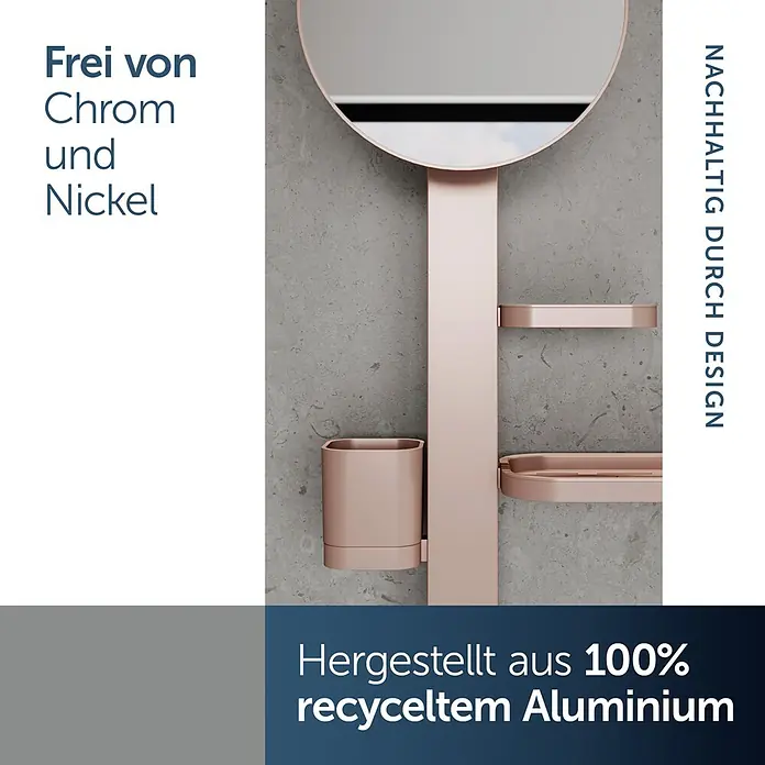 Ideal Standard Kosmetikspiegel Beauty Bar - 31 x 71,7 cm, Durchmesser: 20,5 cm, Rund, Rosa - Rosegoldenes Badzubehör aus 100% recyceltem Aluminium, chrom- und nickelfrei, mit Spiegel, Becher und Ablagen.