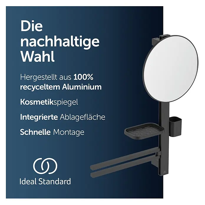 Ideal Standard Kosmetikspiegel Beauty Bar - 58 x 71,7 cm, Durchmesser: 32 cm, Rund, Schwarz - Schwarzer Kosmetikspiegel mit integrierter Ablage, Becherhalter und zwei Handtuchstangen.