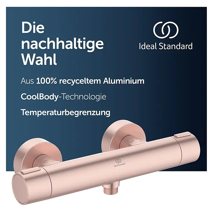 Ideal Standard Alu+ Thermostatarmatur Ceratherm - Breite: 292 mm, Rosé - Roségoldener Ideal Standard Duschthermostat aus 100% recyceltem Aluminium, mit CoolBody-Technologie und Temperaturbegrenzung.