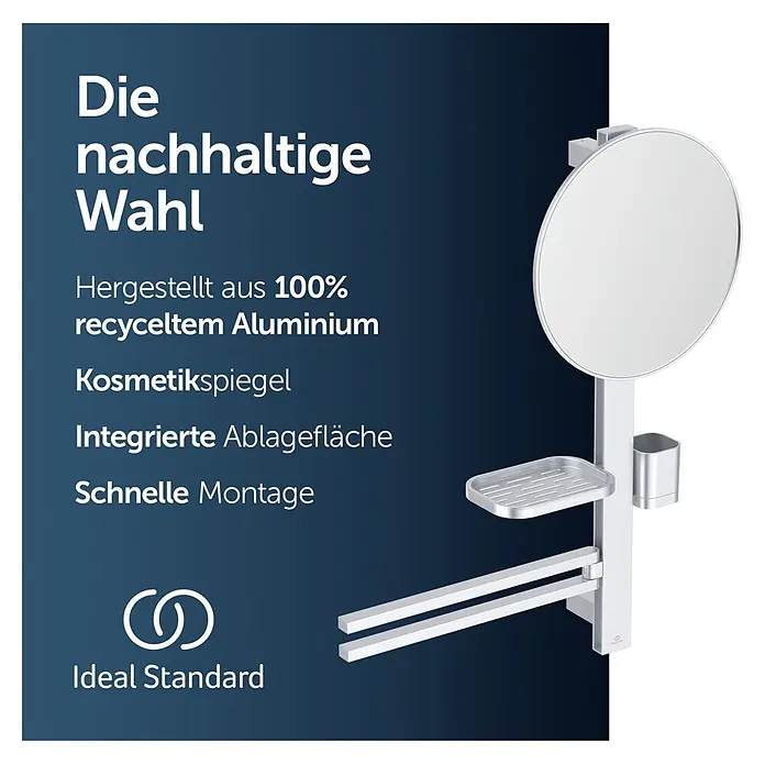 Ideal Standard Alu+ Ablagespiegel - B x H: 600 x 717 mm, Silber - Silberner Kosmetikspiegel aus recyceltem Aluminium mit integrierter Ablage, Becherhalter und zwei Handtuchstangen.
