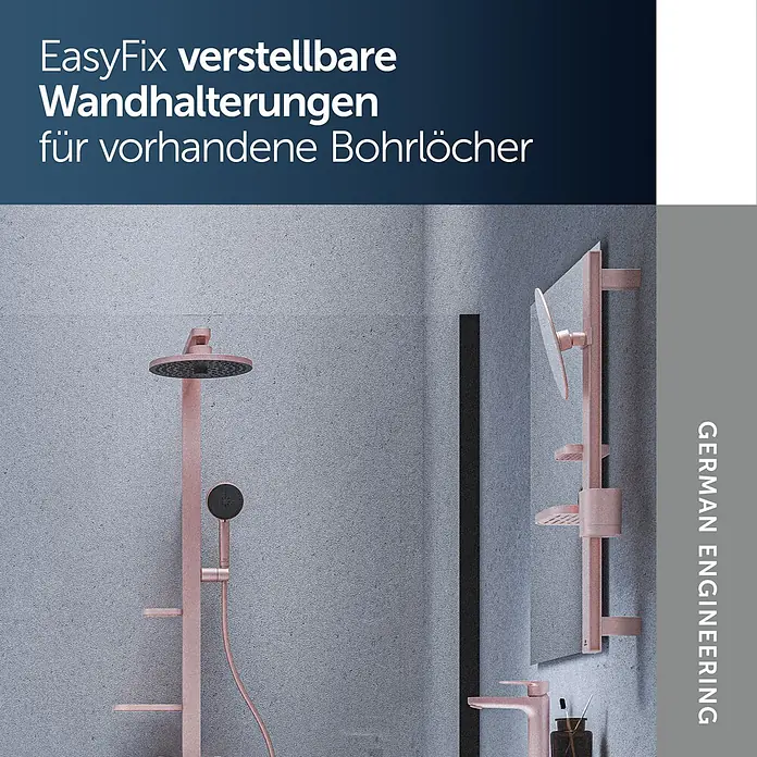 Ideal Standard Kosmetikspiegel Beauty Bar - 31 x 71,7 cm, Durchmesser: 20,5 cm, Rund, Rosa - Roségoldenes Duschsystem, Wandorganizer und Armatur mit EasyFix verstellbaren Wandhalterungen für bestehende Bohrlöcher.
