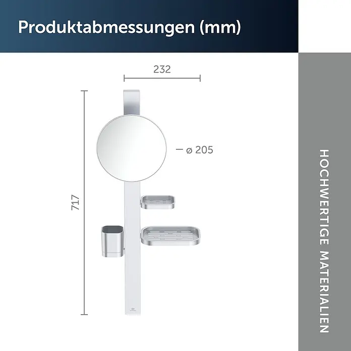 Ablagespiegel - B x H: 310,5 x 717 mm, Silber - Silberner Duschcaddy mit Spiegel (Ø 205mm), zwei Ablagen und Becher, Maße 717x232mm.
