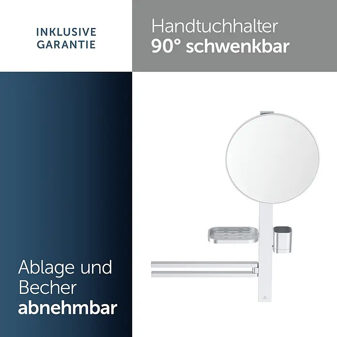 Ideal Standard Alu+ Ablagespiegel - B x H: 600 x 717 mm, Silber - Silberfarbener Badorganizer mit Spiegel, 90° schwenkbarem Handtuchhalter, abnehmbarer Ablage und Becher.