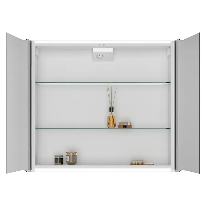 Jokey LED-Spiegelschrank Saron - B x H: 80,9 x 73,8 cm, Holz, Weiß - Offener weißer Medizinschrank mit interner Steckdose, zwei Glasböden und diversen Badartikeln.