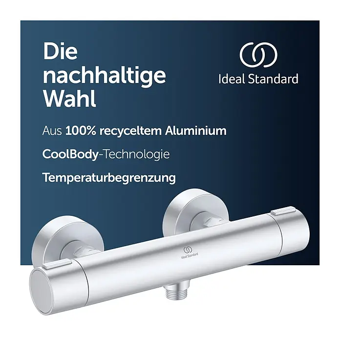 Ideal Standard Alu+ Thermostatarmatur Ceratherm - Breite: 292 mm, Silber - Silberne Thermostat-Duscharmatur aus 100% recyceltem Aluminium, mit CoolBody-Technologie und Temperaturbegrenzung.
