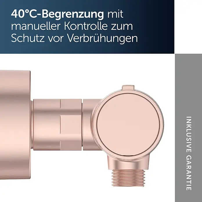 Ideal Standard Alu+ Thermostatarmatur Ceratherm - Breite: 292 mm, Rosé - Roségoldener Temperaturregler mit 40°C-Verbrühschutz-Begrenzung und manuellem Kontrollmechanismus.