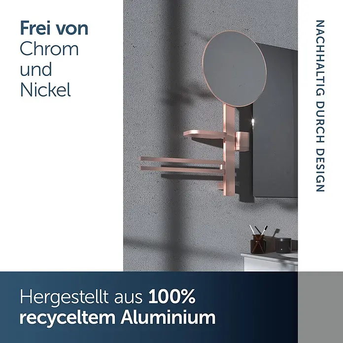 Ideal Standard Kosmetikspiegel Beauty Bar - 58 x 71,7 cm, Durchmesser: 32 cm, Rund, Rosa - Badaccessoires aus 100% recyceltem Aluminium in Roségold: Spiegel, Ablagen und Handtuchhalter.