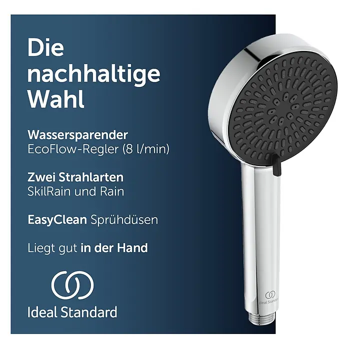 Ideal Standard Alu+ Handbrause Ideal Rain - Durchmesser: 10 cm, Chrom - Chrom-Duschkopf mit schwarzer Düsenplatte.