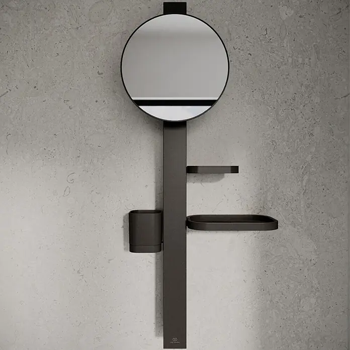 Ideal Standard Kosmetikspiegel Beauty Bar - 31 x 71,7 cm, Durchmesser: 20,5 cm, Rund, Schwarz - Moderne, mattschwarze Wandhalterung für Badezimmer mit rundem Spiegel, Becherhalter und zwei Ablagen.