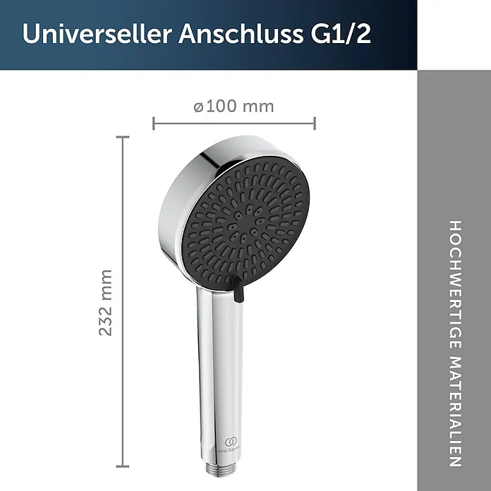 Ideal Standard Alu+ Handbrause Ideal Rain - Durchmesser: 10 cm, Chrom - Verchromte Handbrause mit schwarzer Strahlscheibe, 232mm lang, 100mm Durchmesser, G1/2 Universalanschluss.