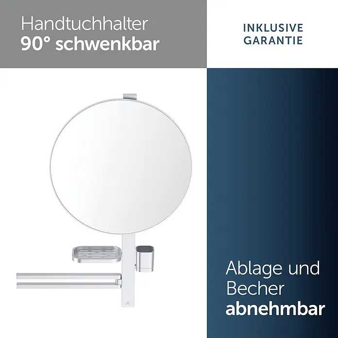 Ideal Standard Alu+ Ablagespiegel - B x H: 640 x 817 mm, Silber - Runder Spiegel mit silbernem, schwenkbarem Handtuchhalter und abnehmbarer Ablage und Becher.