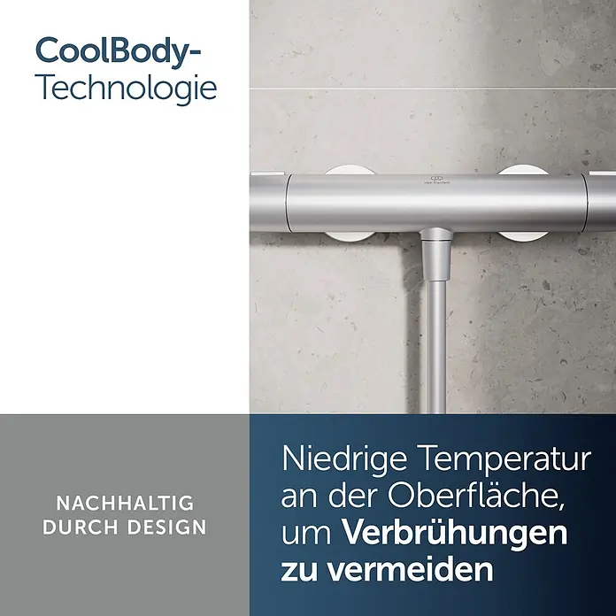 Ideal Standard Alu+ Thermostatarmatur Ceratherm - Breite: 292 mm, Silber - Silberne thermostatische Brausearmatur mit CoolBody-Technologie für Verbrühschutz.