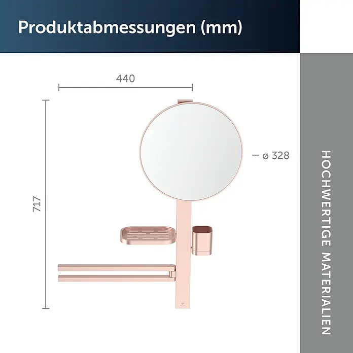 Ideal Standard Kosmetikspiegel Beauty Bar - 58 x 71,7 cm, Durchmesser: 32 cm, Rund, Rosa - Roségoldener Badorganizer mit rundem Spiegel, Seifenschale, Becherhalter und zwei Handtuchstangen.