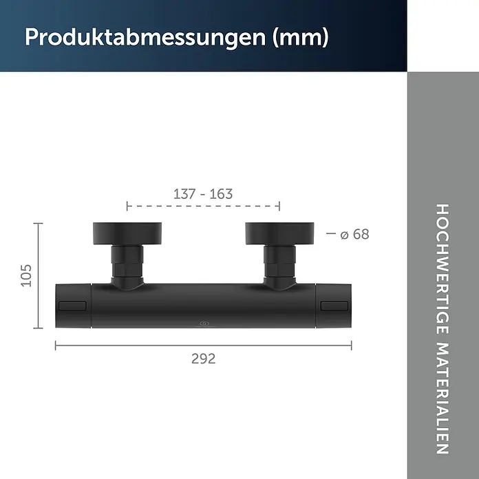 Ideal Standard Alu+ Thermostatarmatur Ceratherm - Breite: 292 mm, Schwarz - Mattschwarzer Stab-Duschmischer mit zwei Bedienelementen, zeigt Hauptabmessungen.