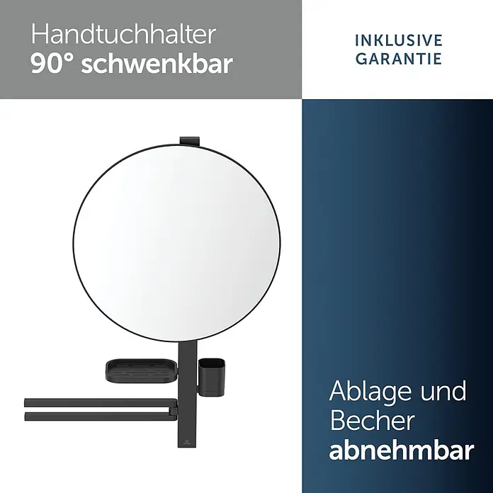 Ideal Standard Alu+ Ablagespiegel - B x H: 640 x 817 mm, Schwarz - Schwarzer runder Spiegel mit 90° schwenkbarem Handtuchhalter, abnehmbarer Ablage und Becher.