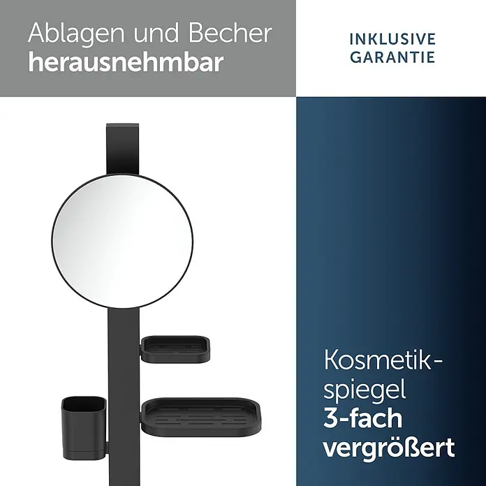 Ideal Standard Kosmetikspiegel Beauty Bar - 31 x 71,7 cm, Durchmesser: 20,5 cm, Rund, Schwarz - Schwarzer Kosmetikspiegel mit rundem Spiegel, zwei Ablagen und einem Becher. Ablagen und Becher sind herausnehmbar, der Spiegel 3-fach vergrößert.