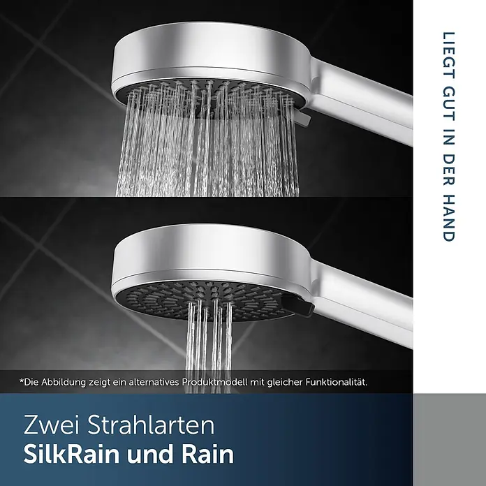 Ideal Standard Alu+ Handbrause Ideal Rain - Durchmesser: 10 cm, Chrom - Silberner Duschkopf mit zwei Strahlarten: breiter SilkRain und konzentrierter Rain-Strahl.