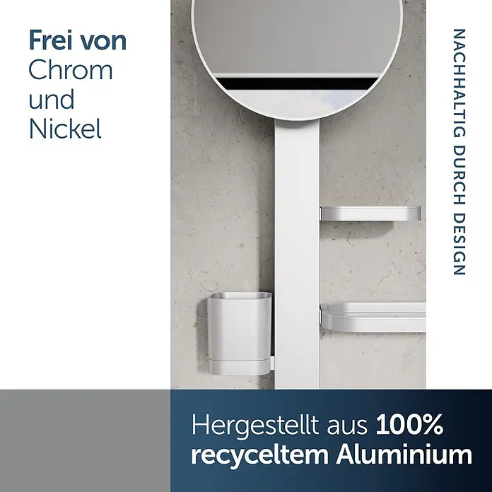 Ablagespiegel - B x H: 310,5 x 717 mm, Silber - Weißes Badezimmer-Zubehörset mit Spiegel, Becherhalter und zwei Ablagen, aus 100% recyceltem Aluminium.