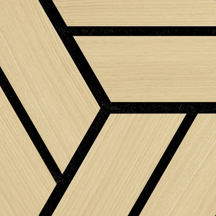 Sonido Akustikpaneel Single Hexagon - New Light Oak, L x B x S: 300 x 260 x 18 mm, 6 Stk. - Helle Holzmaserung mit schwarzem geometrischem Muster.
