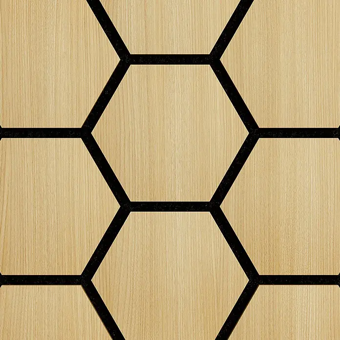 Sonido Akustikpaneel Hexagon - New Light Oak, L x B x S: 760 x 574 x 18 mm, 4 Stk. - Helles Holz Sechseckmuster mit dunklen Verbindungslinien. Dekorative Oberfläche oder Verkleidung.
