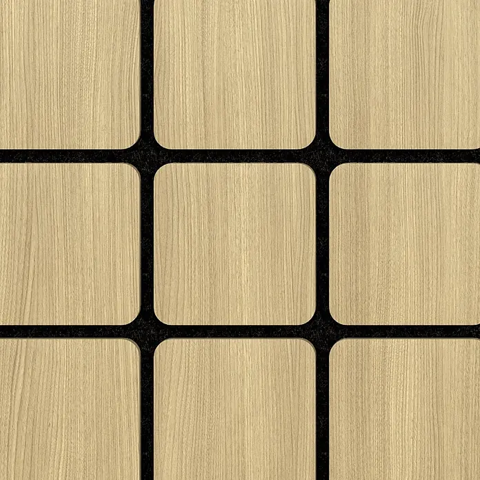 Sonido Akustikpaneel Quadrum - New Light Oak, L x B x S: 600 x 585 x 18 mm, 4 Stk. - Helle Holzmaserungsplatten in einem Gittermuster mit dunklen, texturierten Trennfugen und abgerundeten Ecken.
