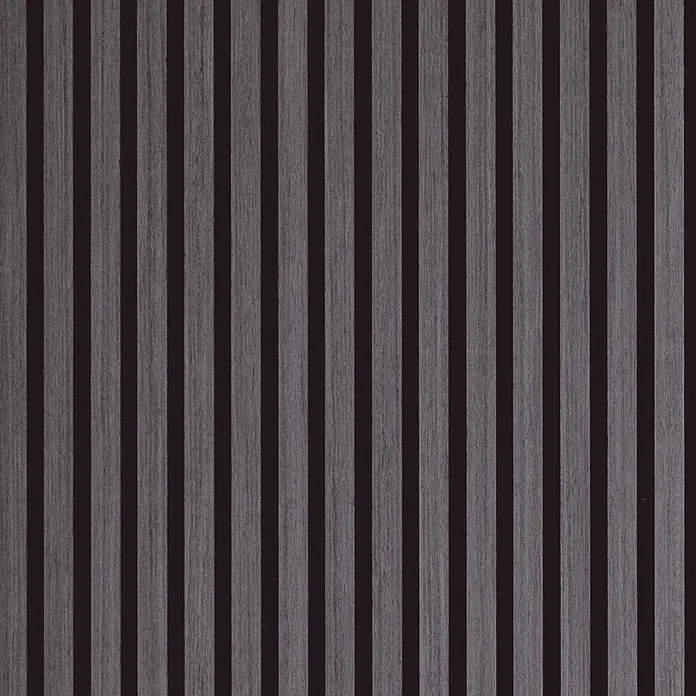 Sonido Akustikpaneel Elements - Black Oak, L x B x S: 1.200 x 560 x 18 mm - Dunkelgraue und schwarze vertikale Streifenplatte mit Holzmaserung.