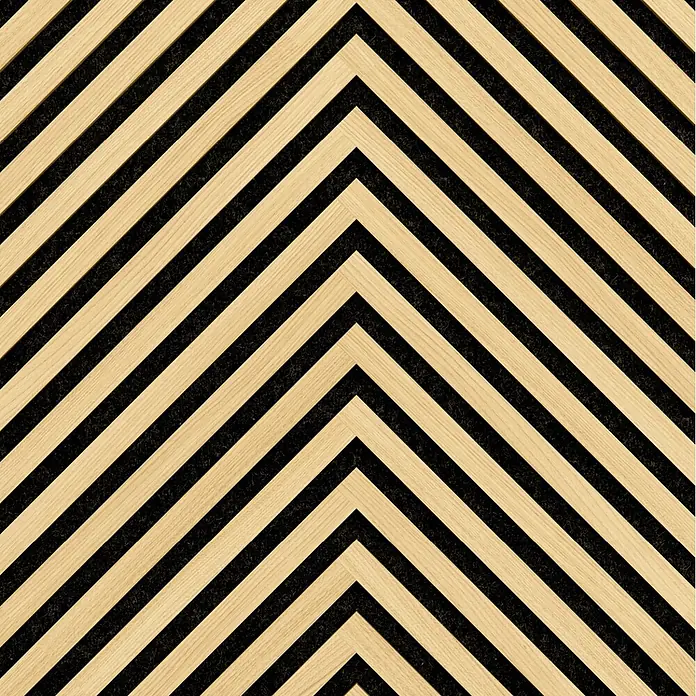 Sonido Akustikpaneel Herringbone - New Light Oak, L x B x S: 2.750 x 520 x 18 mm - Helle Holzlamellen bilden ein Chevron-Muster auf schwarzem Akustikfilz-Hintergrund.