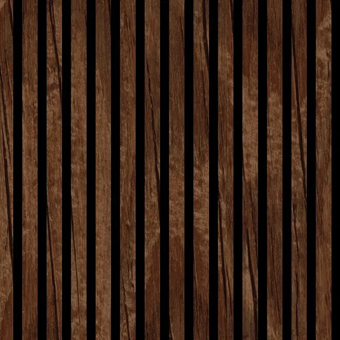 FN Neuhofer Akustikpaneel Aluminium Foliert - Eiche Rustikal, L x B x S: 2.400 x 565 x 17 mm - Braune Holzlamellenwand mit schwarzen Zwischenräumen für Wanddekor oder Akustik.